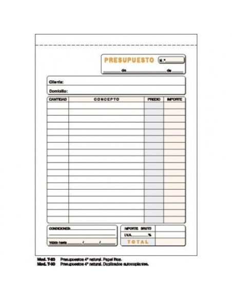 PAQ 10 TALONARIOS PRESUPUESTOS 4º NATURAL DUPLICADO AUTOCO
